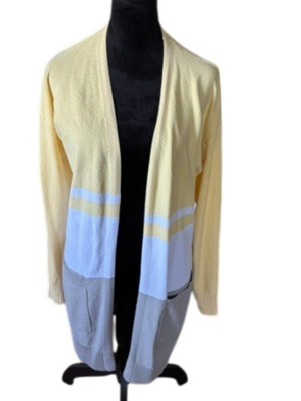 Merokeety Yellow White Gray Stripe Duster Length Open Cardigan EUC M